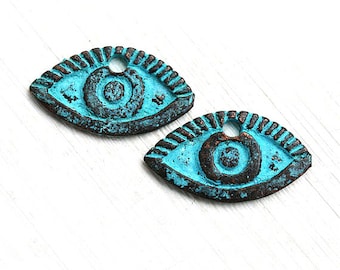 Eye pendant, Verdigris Green Patina on copper, Evil eye charms, Metal casting Greek beads, 23x13mm, Lead Free - 2pc - F257