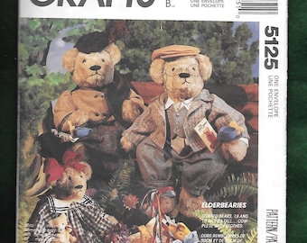Vintage 1990 McCall's 5125 ElderBearies Stuffed Bears, 19 And 15 Inches Complete With Clothes By Faye Wine, UNCUT