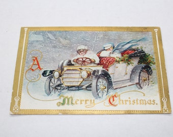 Antique Christmas Postcard Old Fashioned Car 1910s