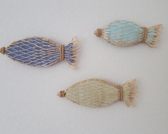 Wood Fish in Fishing Net - Set of 3 - Fish Decor