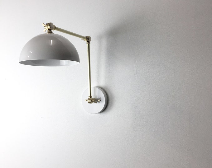 The Oui • industrial modern articulating swing light with metal shade • white & brass • UL LISTED