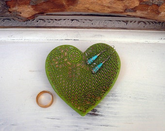 Lace Heart Jewelry Dish, Handmade Ceramic Bedside Plate Ring Holder 3.5" Lace Textured Heart Plate, Sweet 16, Ready to Ship.
