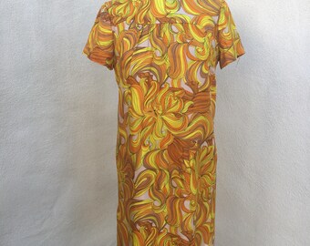 Vintage retro sheath short dress yellow lion print sz S M
