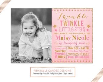 Twinkle Twinkle Little Star Birthday Invitation, Pink and Gold Glitter Invitation, Star Birthday, Girl 2nd Birthday