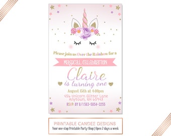 No photo Unicorn Birthday Invitation, Floral Unicorn, Unicorn Party, Rainbow Invitation, Pink Gold Purple