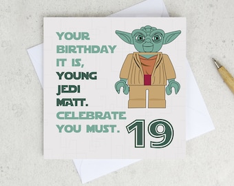 Star Wars Yoda Birthday Card - any age - personalized - star wars card - yoda birthday - starwars birthday card - minifigure card - UK