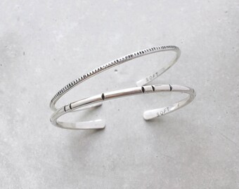 Sterling Silver Carved Cuff Bracelet Set / mixed width + texture bangles / shiny finish, primitive oxidized line design