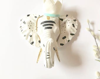 CUSTOM SMALL White Elephant wall mount in black and gold details Faux Taxidermy wall hanging safari wall art mini elephant head faux animal