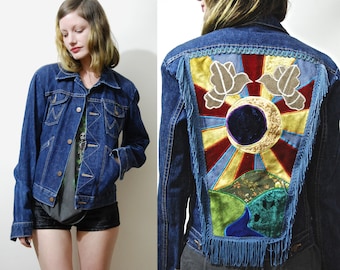 Vintage SUN MOON 70s Wrangler Denim Jacket EMBROIDERED Patchwork Velvet Suede Eclipse Fringe back Patch Boho Bohemian Hippie 1970s vtg xs s