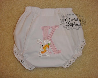 Baby bloomers Easter bunny rabbit with carrot pink initial applique embroidered monogrammed personalized eyelet panties diaper cover