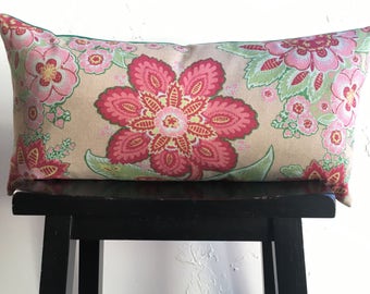 SET Spring Pillow Covers, 12x24 Lumbar Pillows, Annie Selke Floral Pillow Covers, Rasberry and Kelly Green Decorative Pillow Covers
