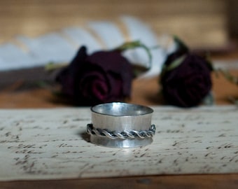 Spinner ring, sterling silver swivel ring, twisted wire wide band ring, worry ring, meditation ring, anxiety ring, prayer ring.,