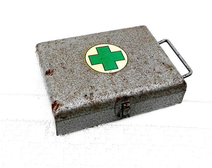 Vintage French Mid Century Metal First Aid Grey Tin, Industrial, Retro, Home, Interior, Brocante, Hipster, Medical, Nursing, Green Cross