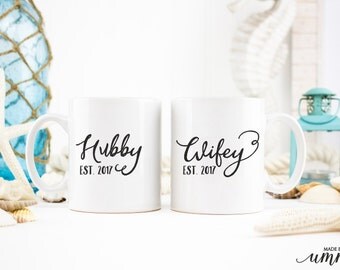 Hubby Wifey mug set, wedding mugs gift set, gift for a couple, coffee mug set