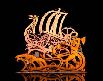 Mechanical Wind Up Viking Ship Kinetic Sculpture Toy Hand Crank Automata Gift Idea Norse Longboat Laser Cut Wood Clock Gear Cogs art Nouveau