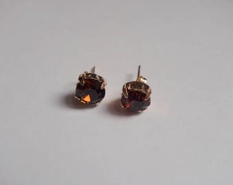 Swarovski Earrings, Rose Gold Plated , Prong Set Smoked Topaz Crystal Studs, Brown Earrings