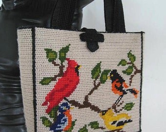 Bird Needlepoint Purse / Vintage Needlepoint Purse / Needlepoint handbag / Needlepoint tote / 50s Needlepoint handbag