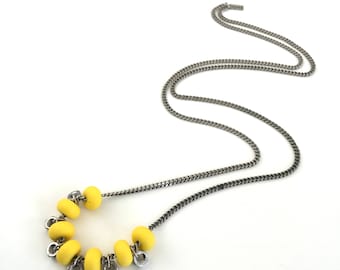 Yellow silver beads necklace, yellow silicone beads, industrial yellow necklace, long yellow necklace, nulika