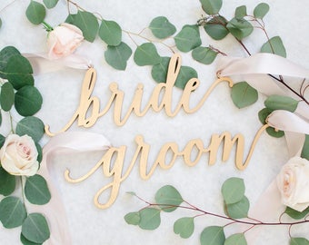 Laser Cut "bride & groom" Wood Chair Signs - (Set of TWO) 13" x 5" Feminine Font Wedding Chair Sign - Gold Engagement Party Event Decor