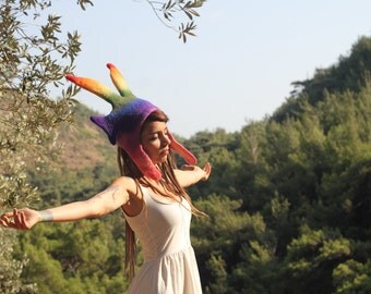 Space rabbit hat,long eared bunny hat, futuristic bunny hat,anime bunny hat,festival headwear, rainbow felted hats, electric rainbow hat