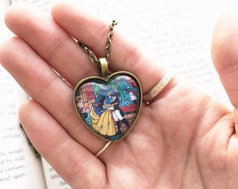 Handmade Beauty and the Beast Heart Necklace, Belle and Beast Stained Glass, Enchanted Rose Necklace, Disney Necklace