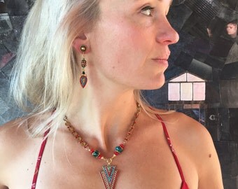 Red and Gold Jeweled Triangle Necklace