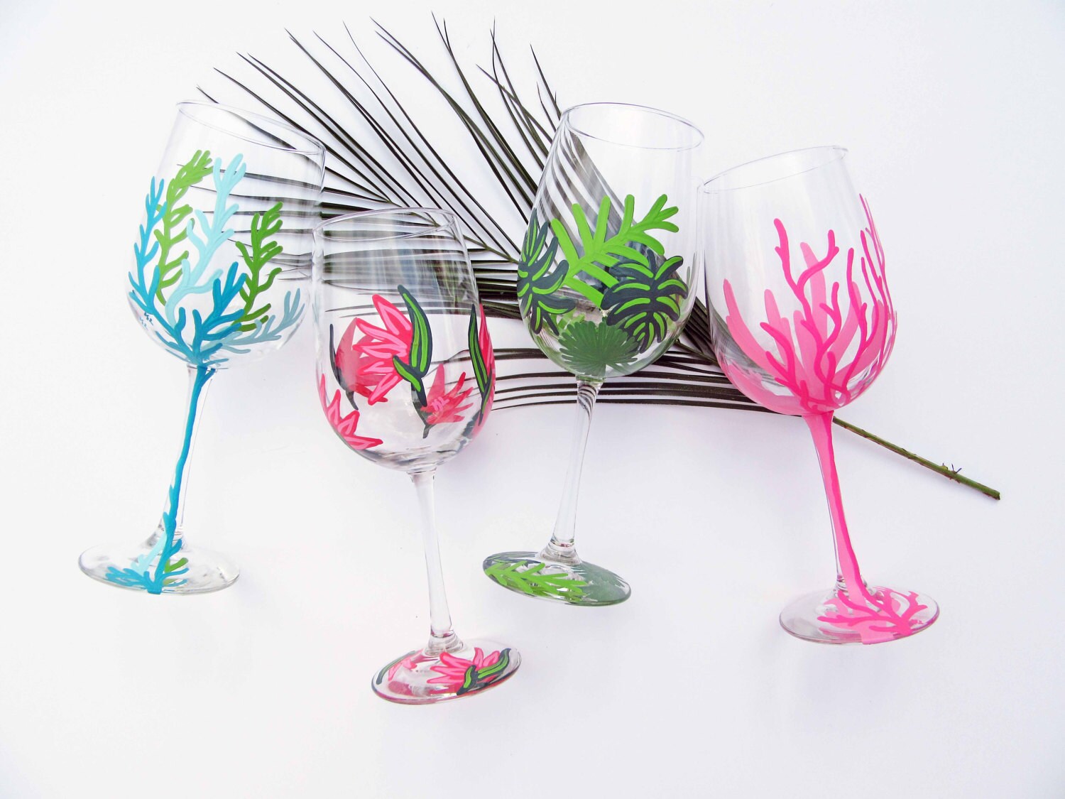 Tropical Wine Glass Set Ocean Wine Glass Hand Painted Wine