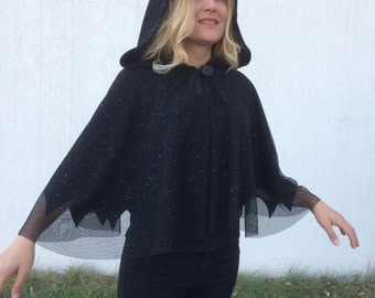 Black Hooded Cape, Sparkle Veil Cape, Black Bridal Bolero, Fleece Hooded Cape, Black Evening Cape, Black Tulle Capelet, Winter Wedding