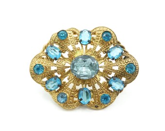Vintage Czech Rhinestone Brooch, Blue Rhinestones, Filigree, Gold Tone, Marked Czecho