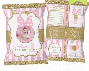 Minnie Mouse Treat Bag Printable, Candy Bag, Chip Bag, Party Bags | Style 14 | Pink and Gold Any Age | 4.5" x 7"- YOU PRINT
