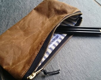 Wax Canvas Pencil Case, Zipped Pouch, Sand/Gold