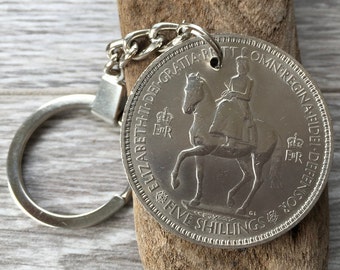 Coronation keyring, british Royal family, crown coin, coronation of Queen Elizabeth II in 1953, 64th birthday gift, keychain, keyfob