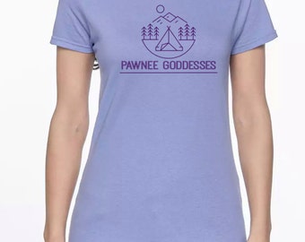 Pawnee Goddess camping shirt for women **Add FOUR - 1" buttons!** to this Parks and Recreation tee