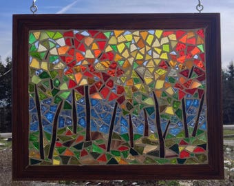 Stained Glass Maple Tree Mosaic Panel - Autumn Landscape Stained Glass Panel - Autumn Leaves Mosaic - Fall Maple Leaves Landscape