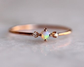 14k Rose Gold Opal Ring, Diamond Opal Ring, Diamond Ring, Natural Opal, Prong Ring, Solid Gold, Dainty Jewelry Stacking Ring, Australian
