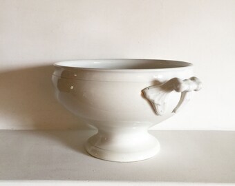 Large French Antique White Ironstone Tureen - Antique French Footed Bowl - French Shabby Chic White Ceramic Tureen no lid - Centerpiece