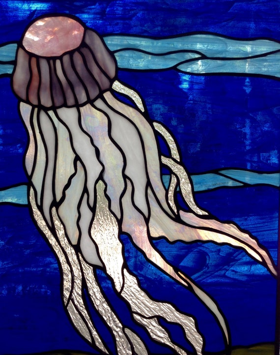 Stained glass jellyfish window panel