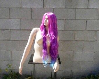 Purple Ombre Long Synthetic Wavy WIG Blue Pink Dyed Hair cyber goth punk gypsy festival rave raver cosplay comic con anime japan playa Scene