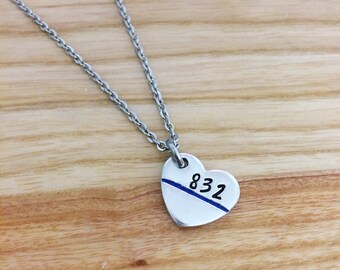 Thin blue line jewelry - police officer gifts - police wife necklace - Badge Number heart - Hand stamped necklace jewelry