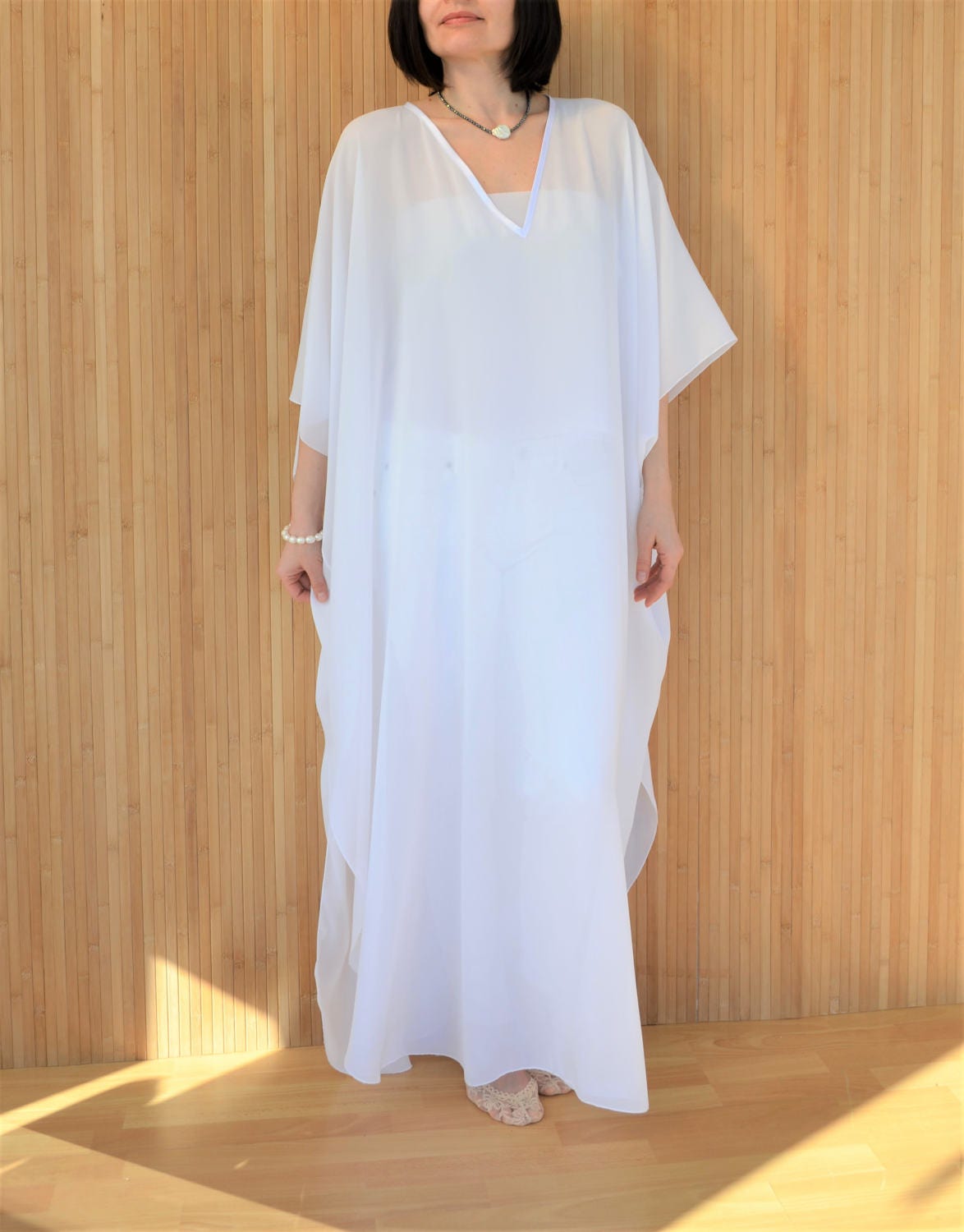 White Kaftan Beach cover-up Long Summer Kaftan Maxi Kimono