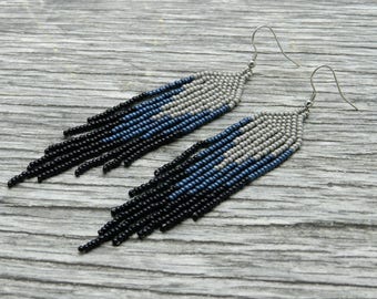 Fringe beaded earrings, native american dangle earrings, seed bead earrings, long tassel earrings, boho style, Native American jewelry