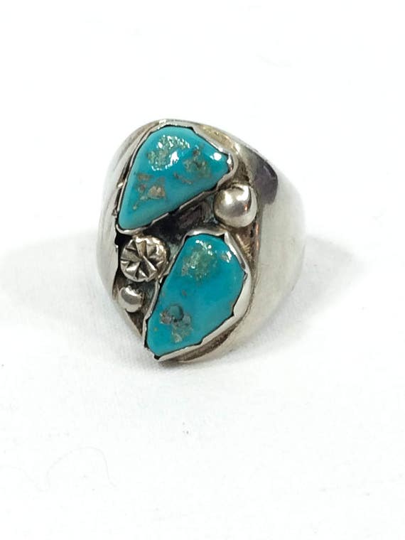 Mens Navajo Turquoise Ring Sterling Silver Feather Motif