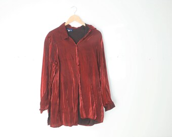 VTG 90s oversized vintage satin button up shirt. Crimson wine iridescent shirt dress