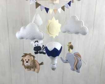 Baby mobile - jungle mobile - elephant, zebra, lion, giraffe mobile - jungle nursery decor - safari mobile - hot air balloon mobile - sun
