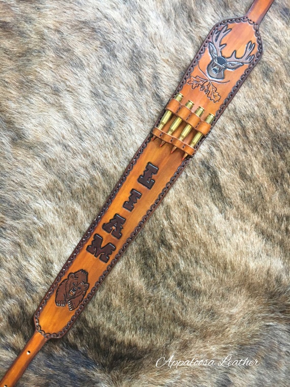 Custom Leather Gun Sling with Mule Deer and Grizzly Bear