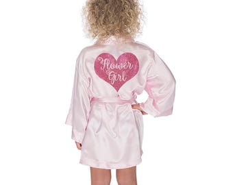 Flower Girl Robe, Flower Girl Satin Kimono with pink glitter heart, flower girl gift idea, bridal party robes, wedding day robe