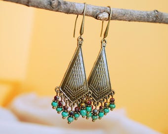 Tribal green beads earrings, geometric triangle earrings, delicate unusual boho earrings, dangle earrings