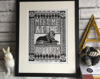 Screen printed left lion poster, Nottingham, meet me at the left lion, wall art, illustration, graphic print