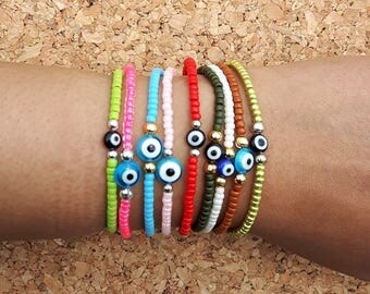 Evil Eye Bracelet, Evil Eye Beaded Bracelet, Evil Eye Stretch Bracelet, Seed Bead Bracelet, Evil Eye Seed Bead Bracelet, Dainty Evil Eye