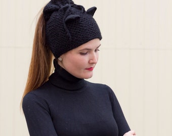 Cat ear beanie Ponytail knit hat Black cat ears Animal adult beanie Ponytail black knit hat Realistic crochet ears Kitten play Woman cat hat